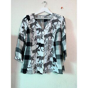 Foil Women Black White  Zebra & Plaid Print Button-Down 3/4 Sleeve Blouse Size 6